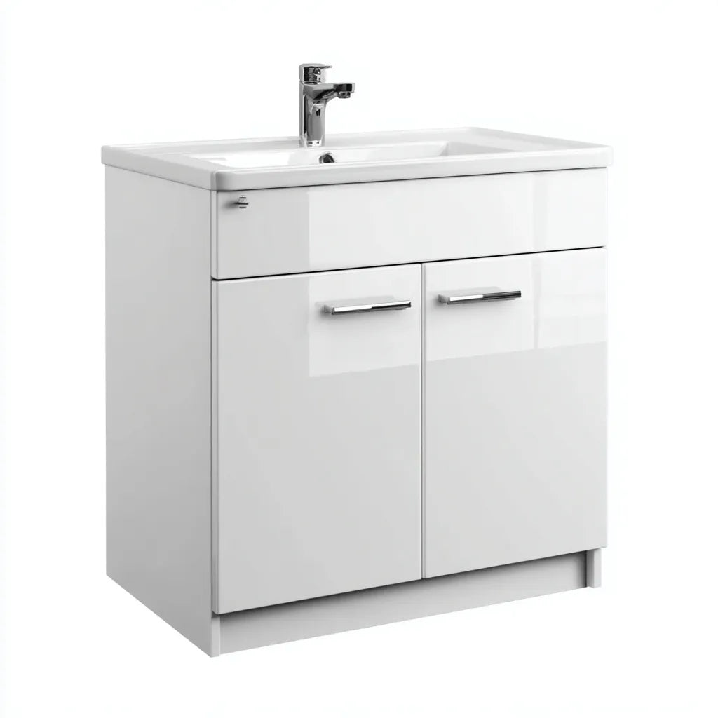 Lavabo da bagno in MDF e ceramica 60×39×84 cm - Bianco/Grigio - mobile compatto con contenimento