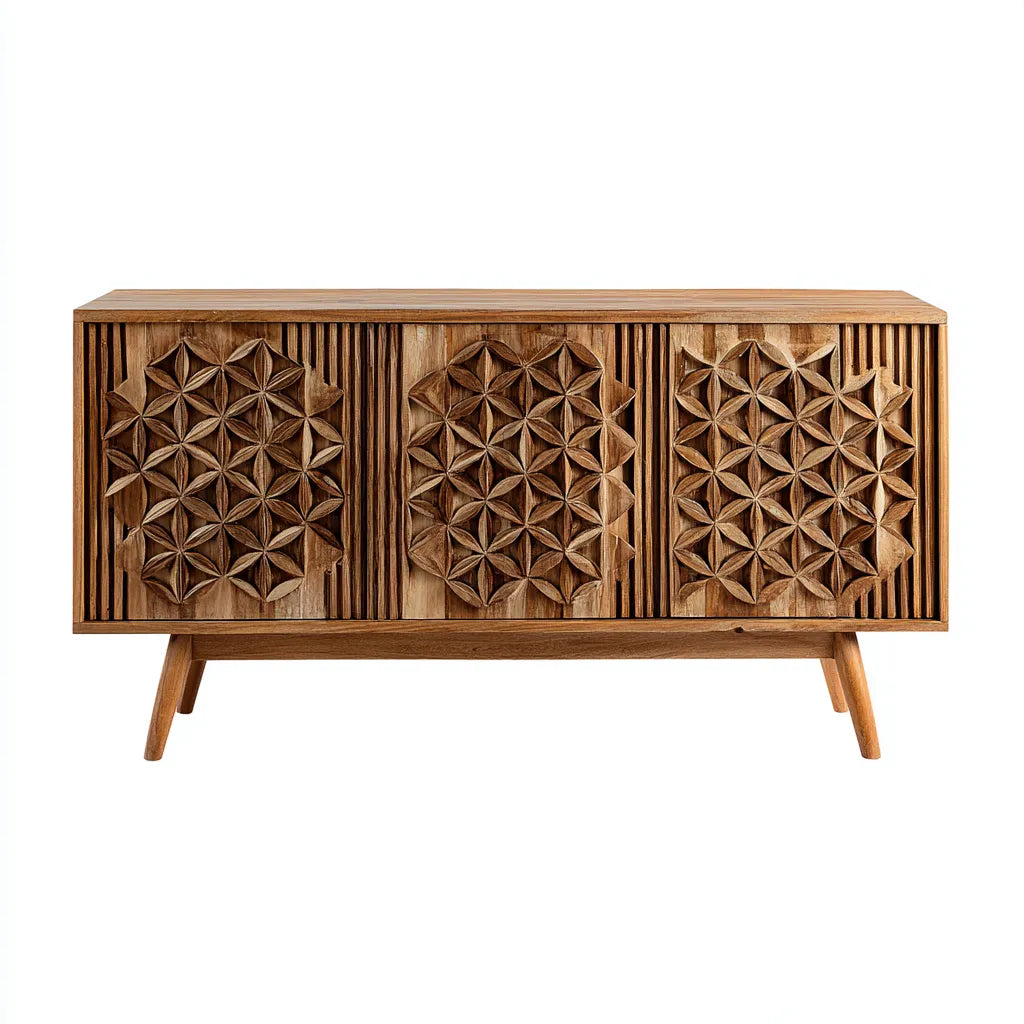 Credenza in legno 150×42×78 cm - Noce - con intaglio decorativo per sala da pranzo