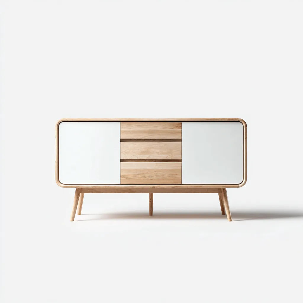Credenza 140×42×82 cm - bianco e rovere naturale - per sala da pranzo con profilo arrotondato