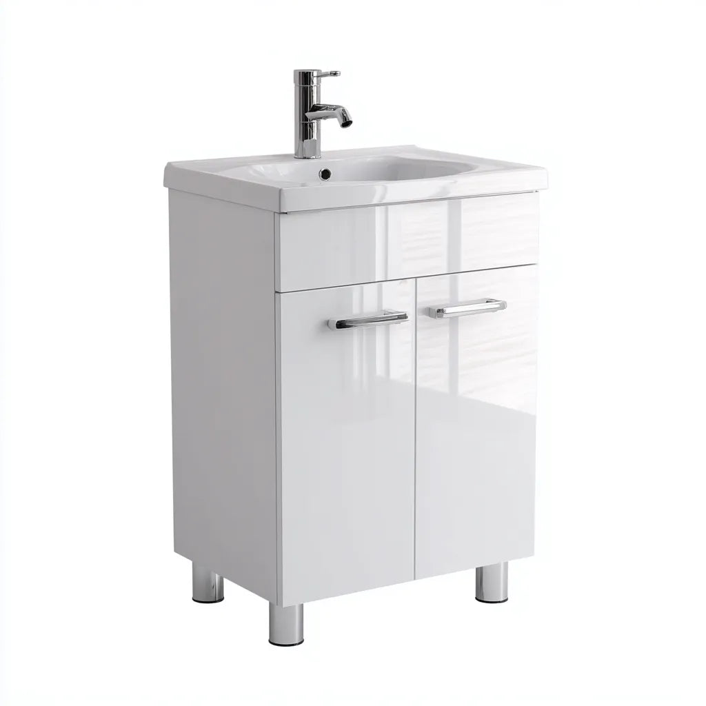 Lavabo da bagno in MDF e ceramica 40×22×82 cm - Bianco/Grigio - salvaspazio con vano contenitivo